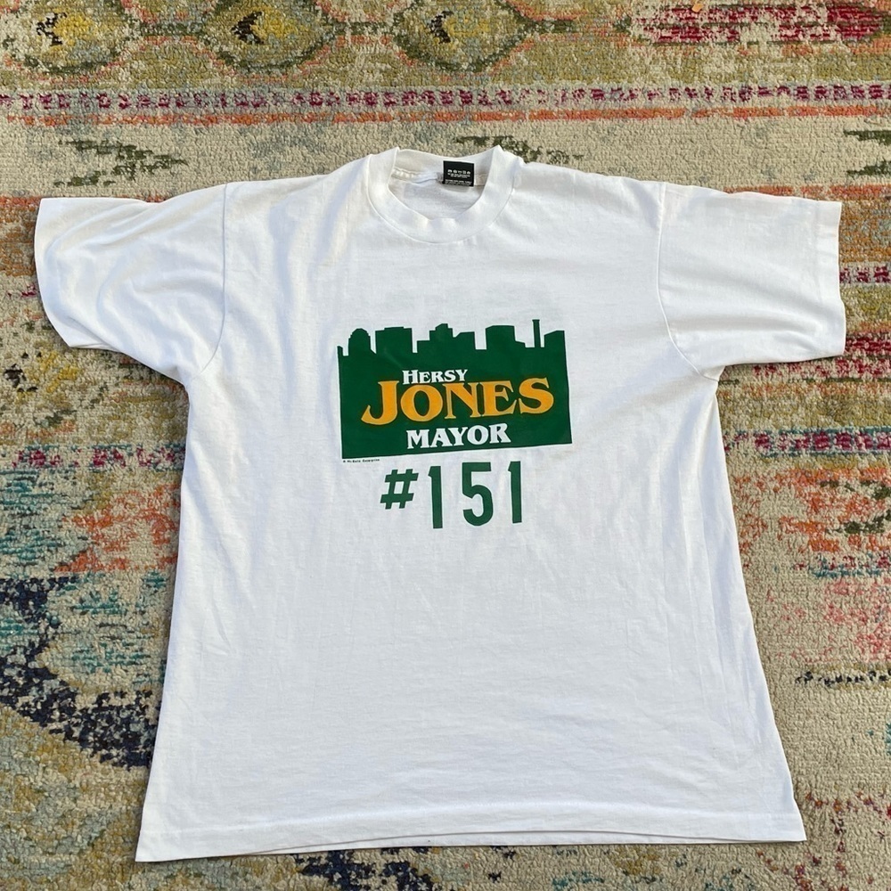 Vintage 90s Hersey Jones Mayor 1990s Jerzees Graphic Tee Top Shirt